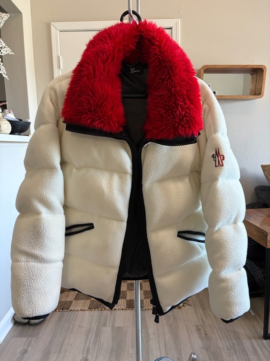 Moncler Jackets & Blazers - White Moncler Sherpa Puffer Jacket with Red Fur Collar